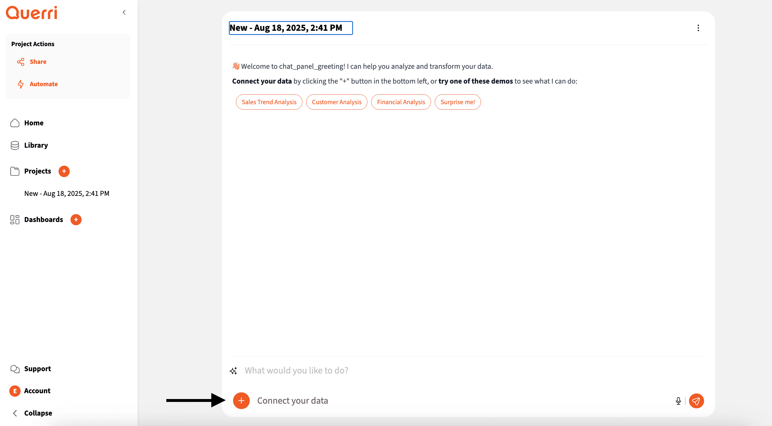 Querri main interface showing the orange + button to connect data