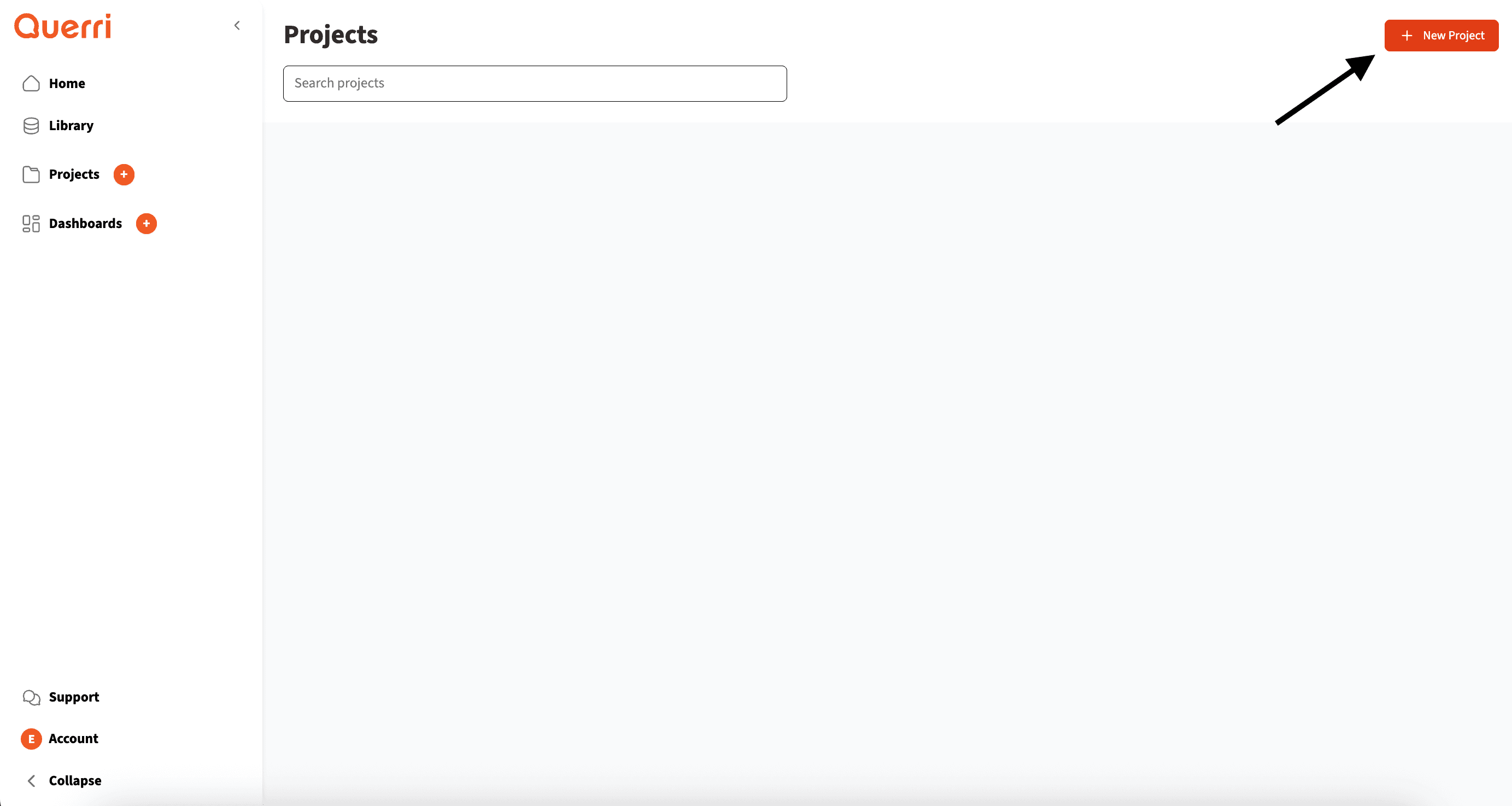 Querri projects dashboard showing the + New Project button