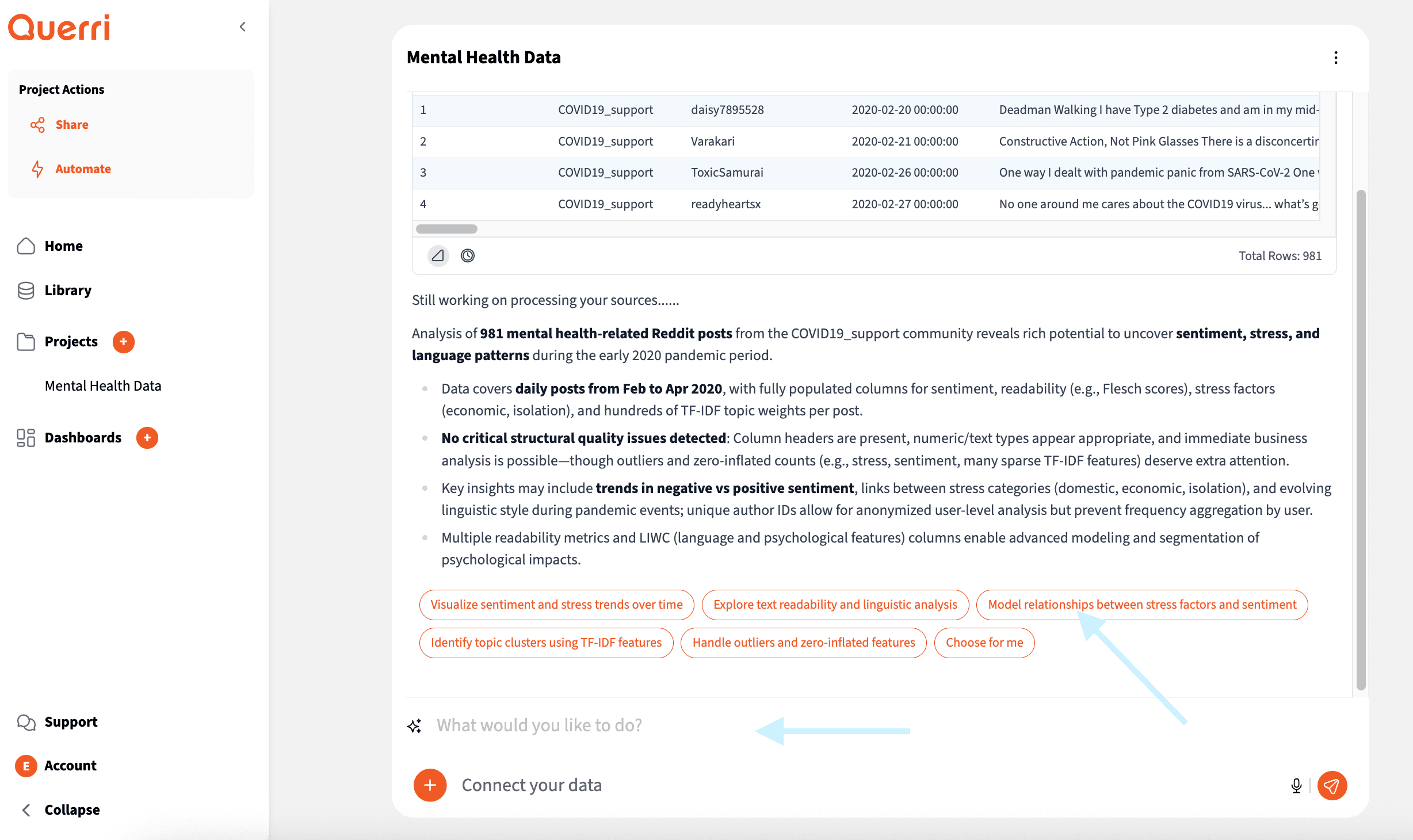 Querri chat interface showing AI-powered suggestions and question input
