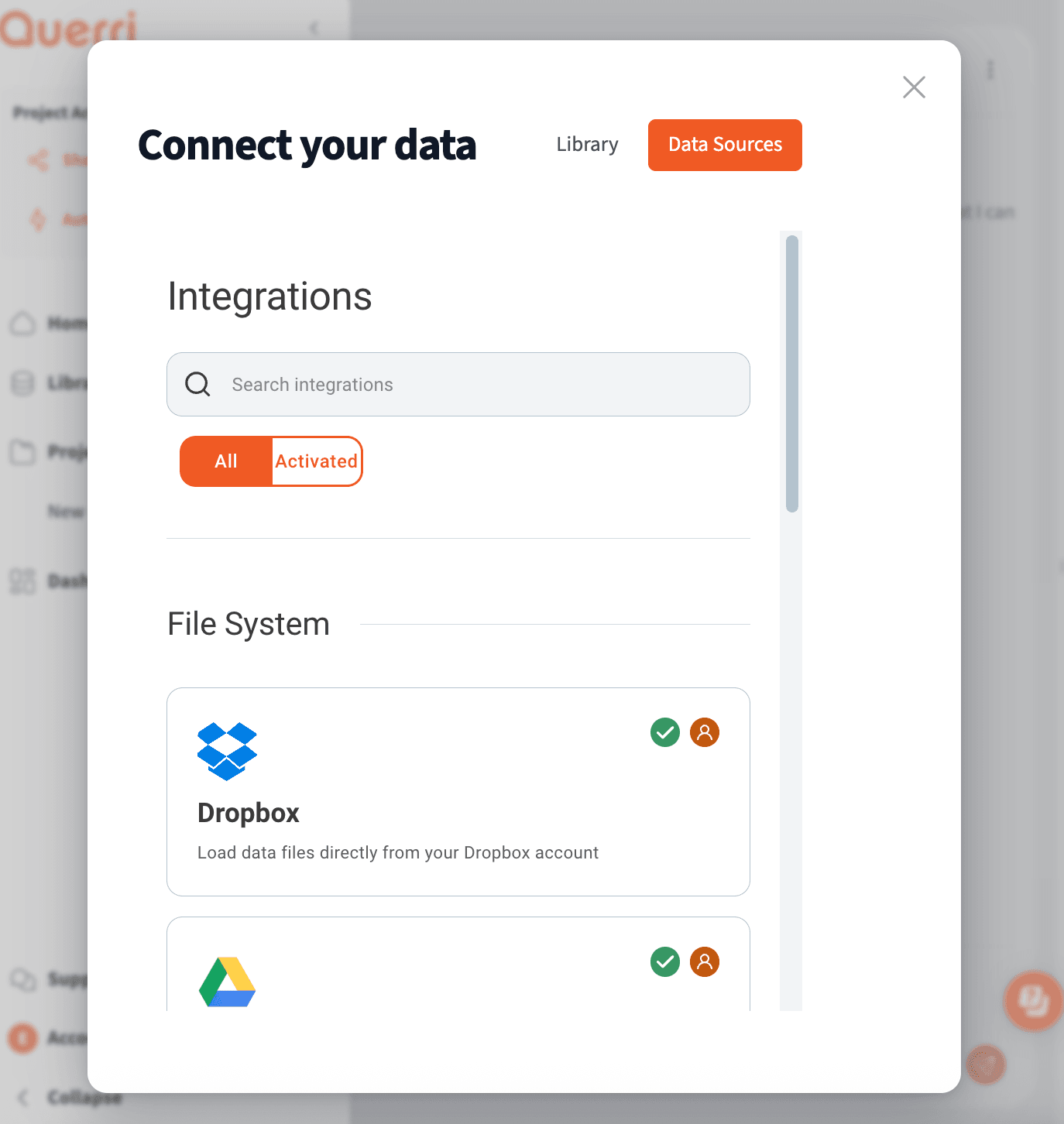 Connect your data modal - Data Sources tab for integrations