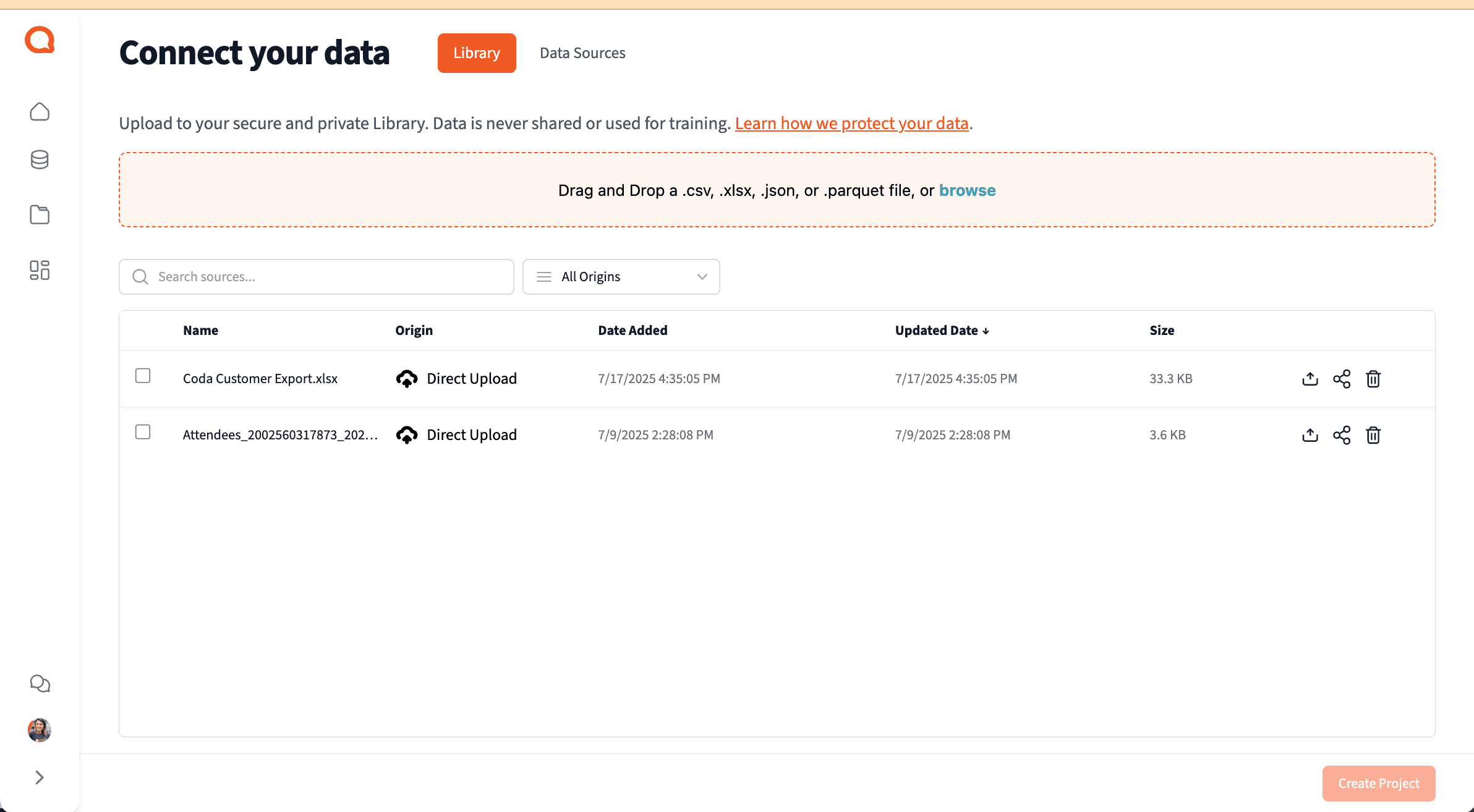 Connect your data modal - Library tab for file uploads