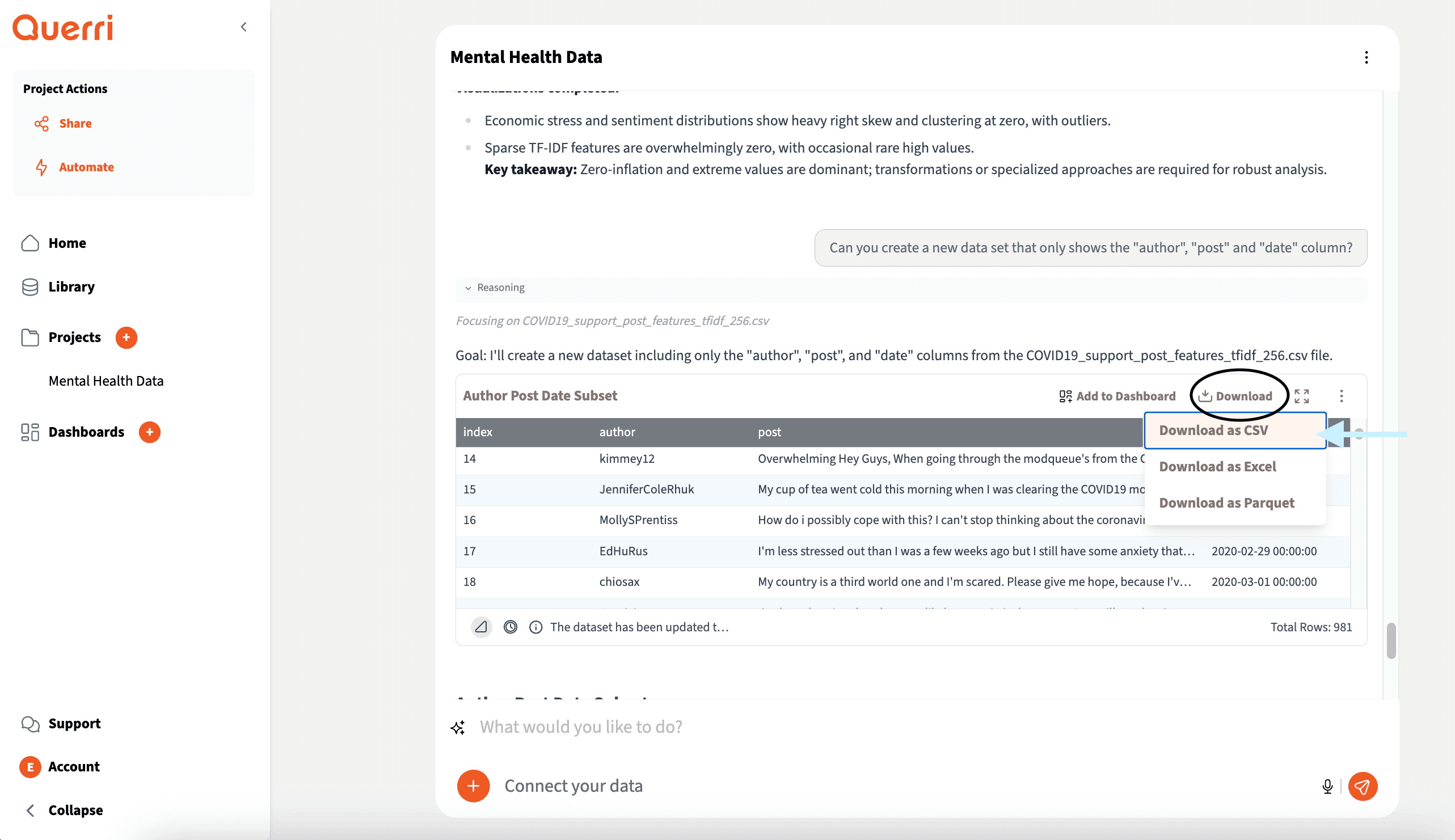 Download data as CSV, Excel, or Parquet