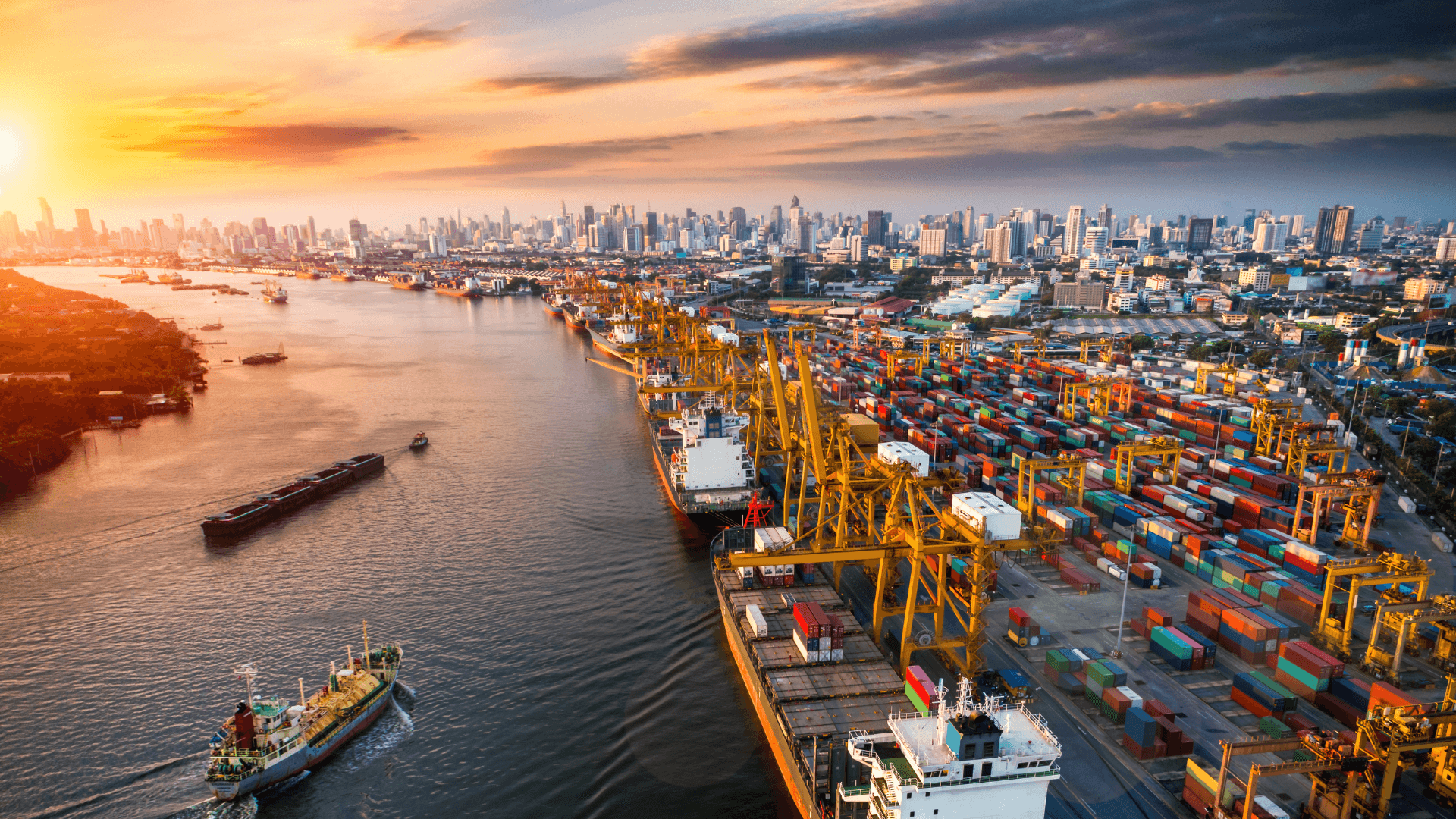 Logistics warehouse with shipping containers and transportation infrastructure