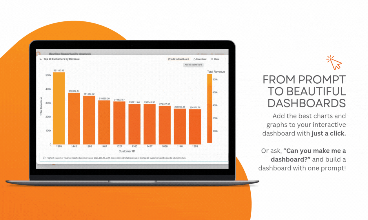 Animated walkthrough of Querri turning prompts into polished dashboards and spreadsheets