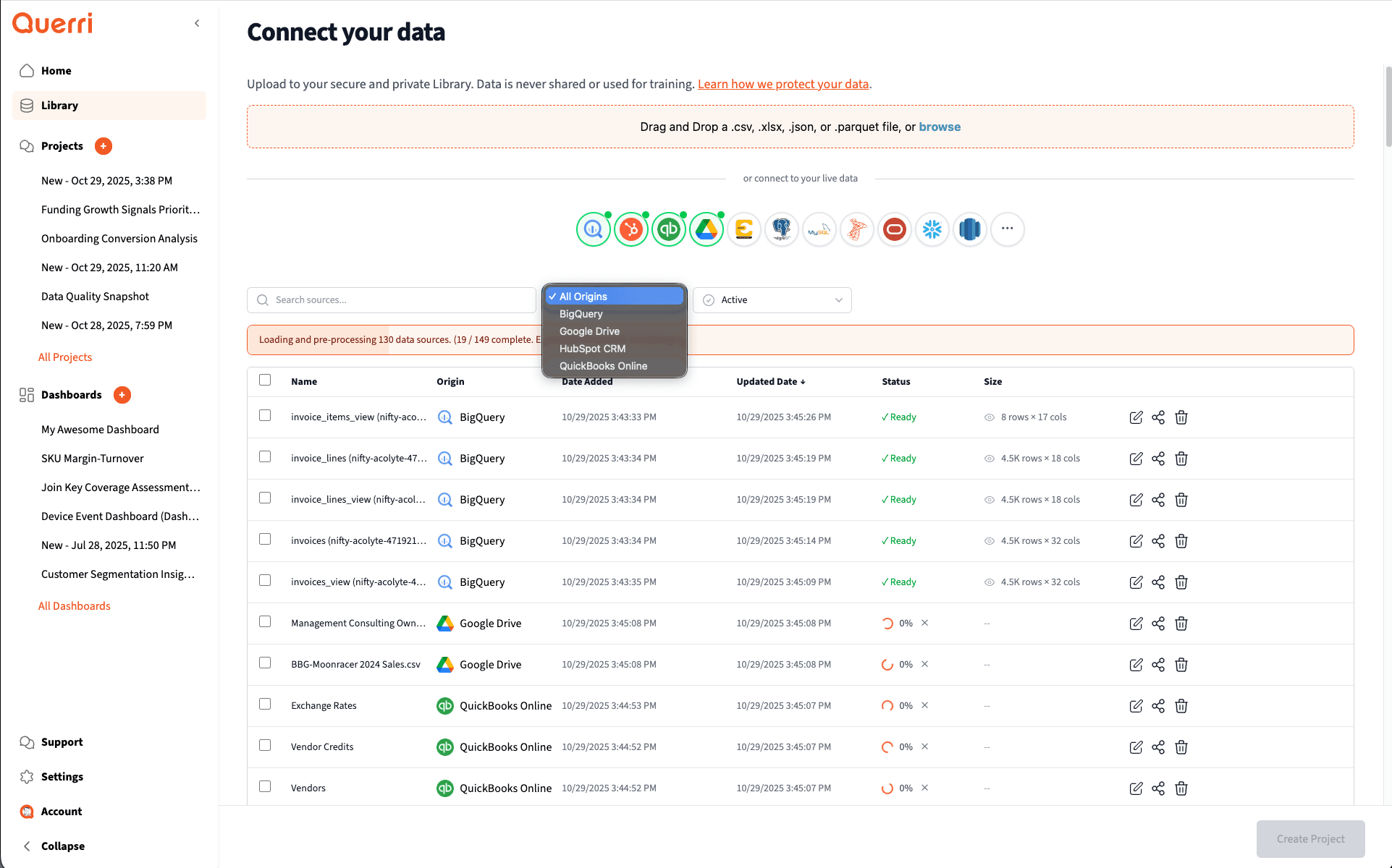 Querri conversational home screen showing data sources, insights, and automation options